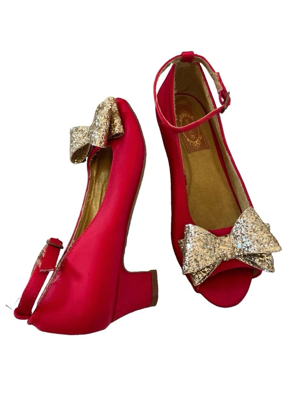 Joyfolie Valeria Red Satin Gold Glitter Bow Low Block Pump Heels Kids/4 Youth